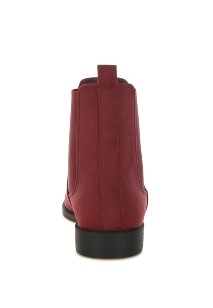 Back view of Ayasa Low Block Heel Chelsea Boots in Burgundy showing heel tab and seam detail