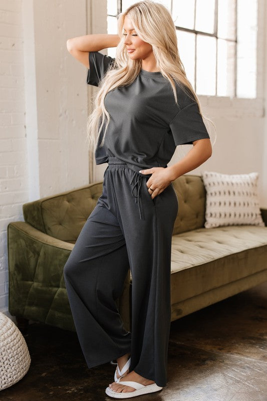 Side view of Dallas Two-Piece Set in dark gray, pants with side drawstring ties