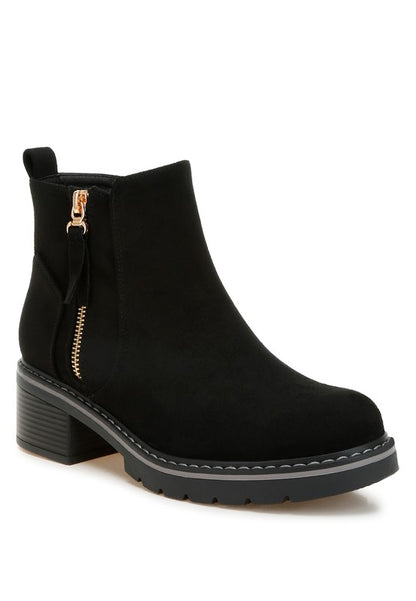 Front angle of Black Tigris Microfiber Zipper Boots with tassel zipper detail and block heel.