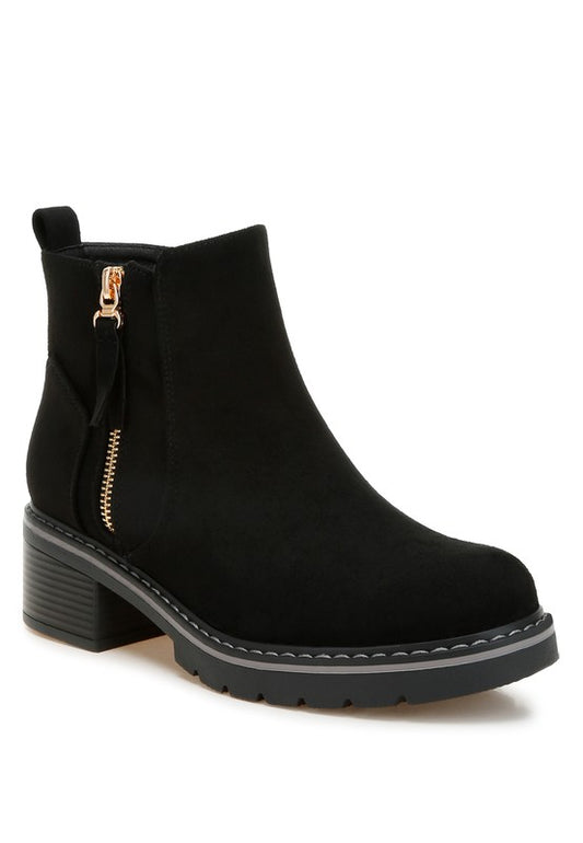 Front angle of Black Tigris Microfiber Zipper Boots with tassel zipper detail and block heel.