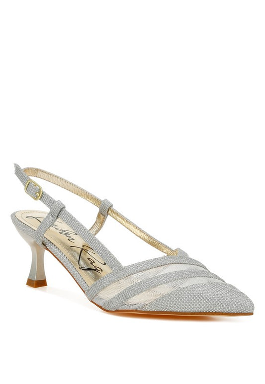 Silver Daldra Kitten Heel Slingback Sandals with glitter pointed toe and buckle strap, front angle view