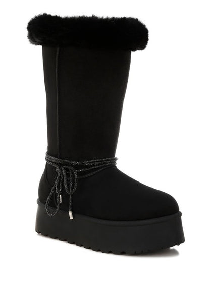 Black Olonya Snow Boots front angle showing faux fur collar and flatform sole.