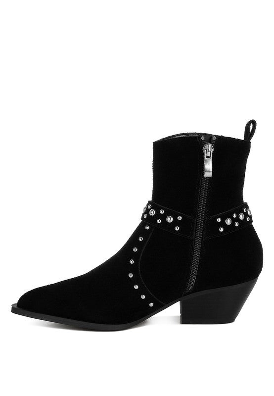 Rodeo Studded Suede Ankle Boots Black side view showing block heel and pull tab