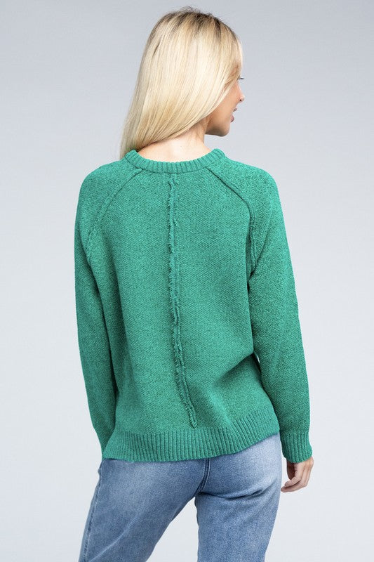 Kelly green round neck chenille sweater with long raglan sleeves, relaxed fit, and hip-length cut.