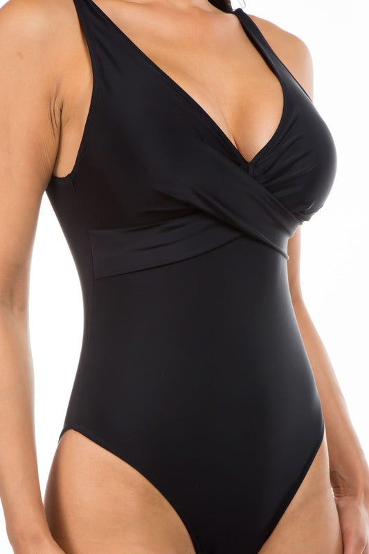 Lucky Pleated Cross Gathering Neckline One Piece Swimsuit