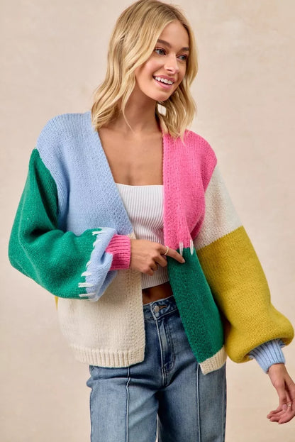 Model layering Rana Color Block Open Front Sweater Cardigan over white tee and jeans.