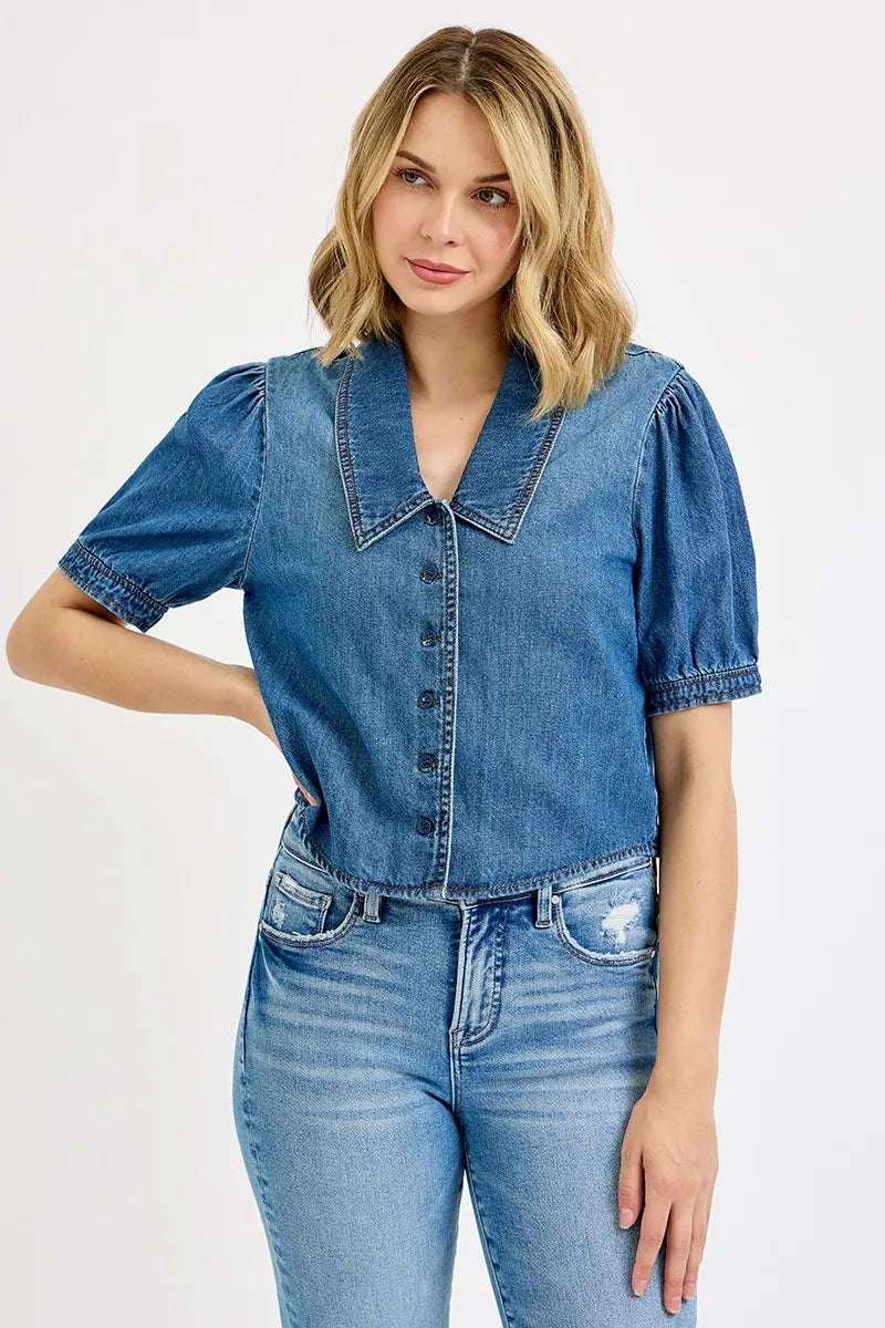 Alexa button-down puff sleeve denim shirt cropped length in medium wash.