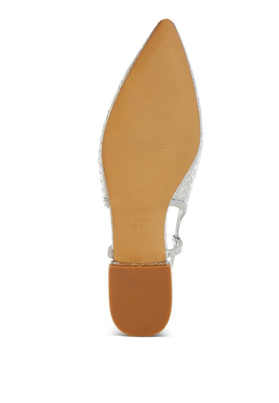 Bottom sole view of silver Kurina Metallic Woven Slingback Sandals with TP rubber outsole.