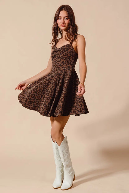 Roxanne Leopard Flare Cami Dress with mineral-washed leopard print, flared silhouette, and neckline.