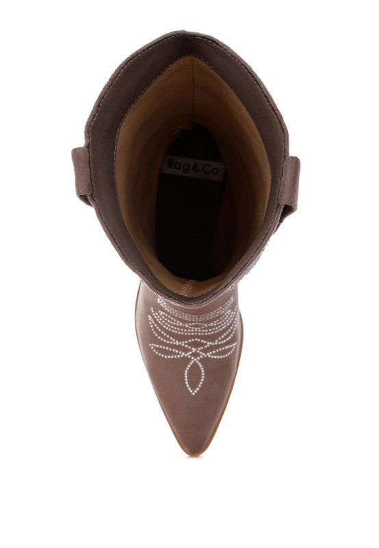 Top-down view inside taupe cowboy boots with pull tabs