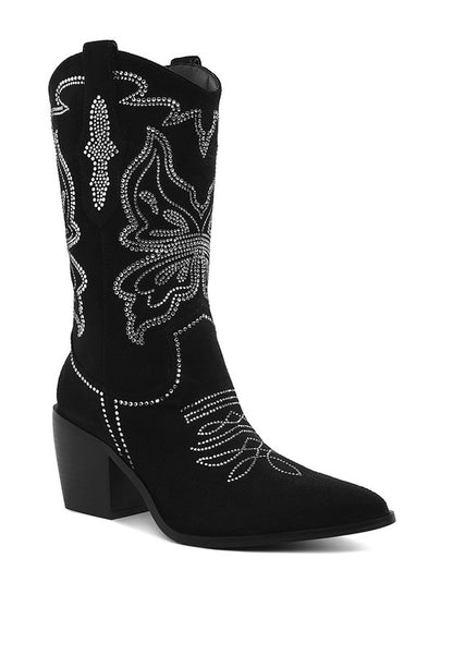 Black cowboy boots with rhinestone butterfly design, pointed toe