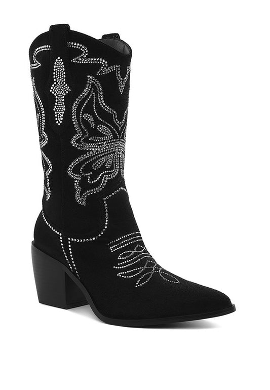 Black cowboy boots with rhinestone butterfly design, pointed toe