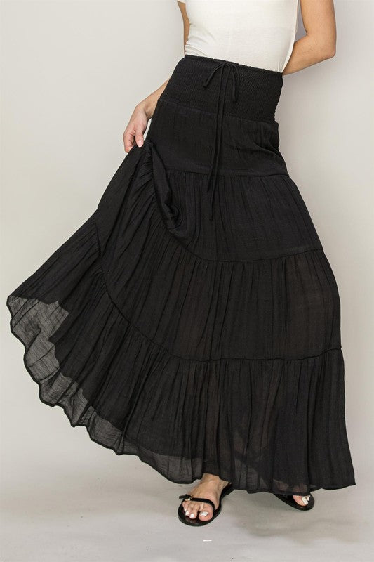 Boho-style Drawstring Waist Tiered Maxi Skirt, fully lined, with a smocked waistband, tiered design, and a comfortable, flowy fit.