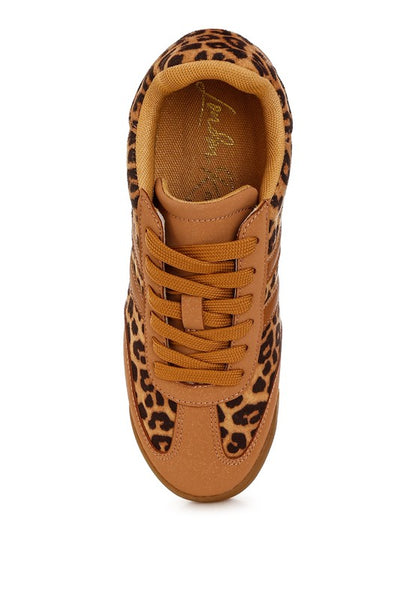 Top view lace-up leopard print sneakers with cushioned insole visible