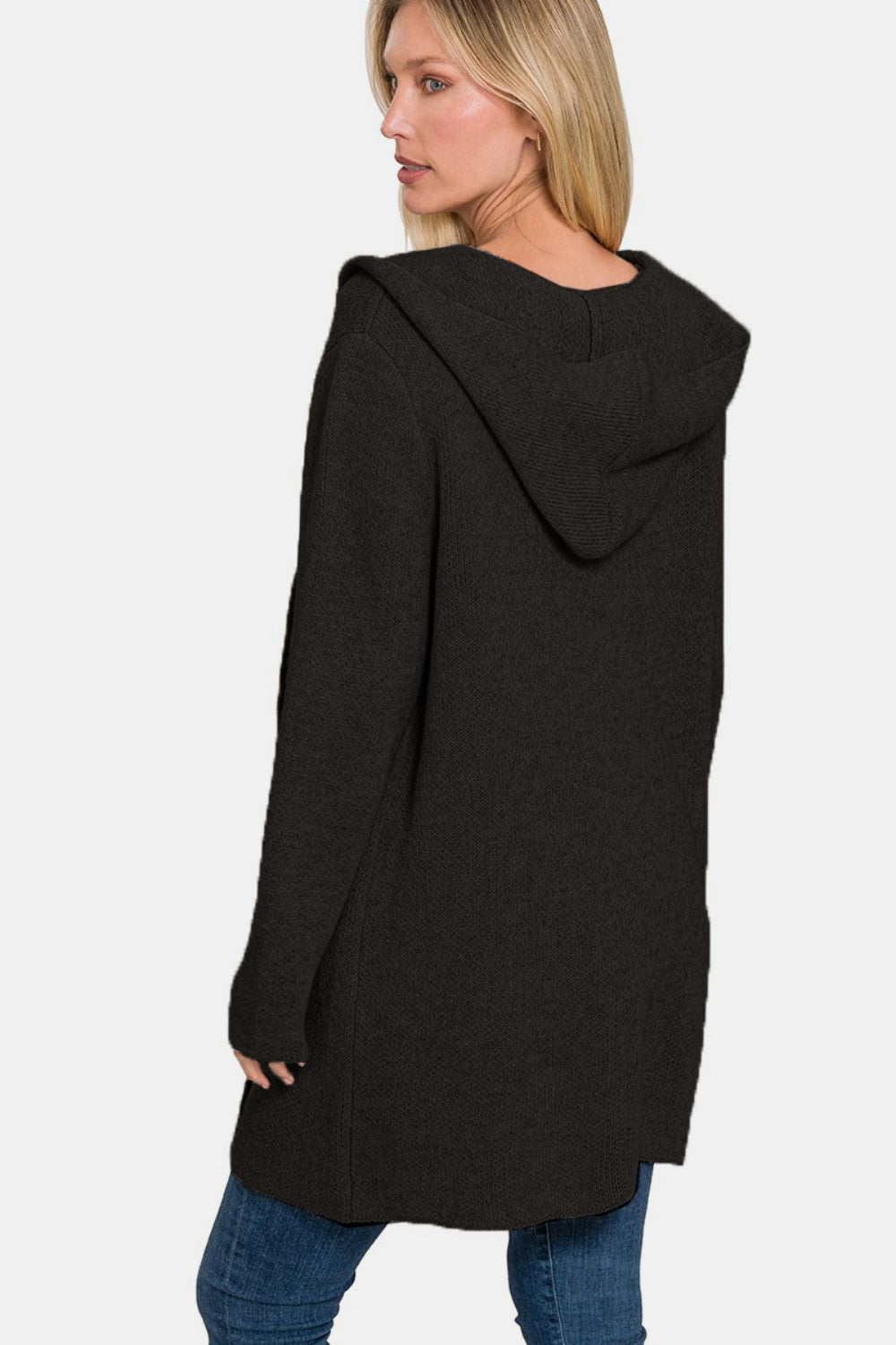 Black woman's cardigan with a hood, long sleeves, and an open front. Features pockets and a slightly stretchy fabric.