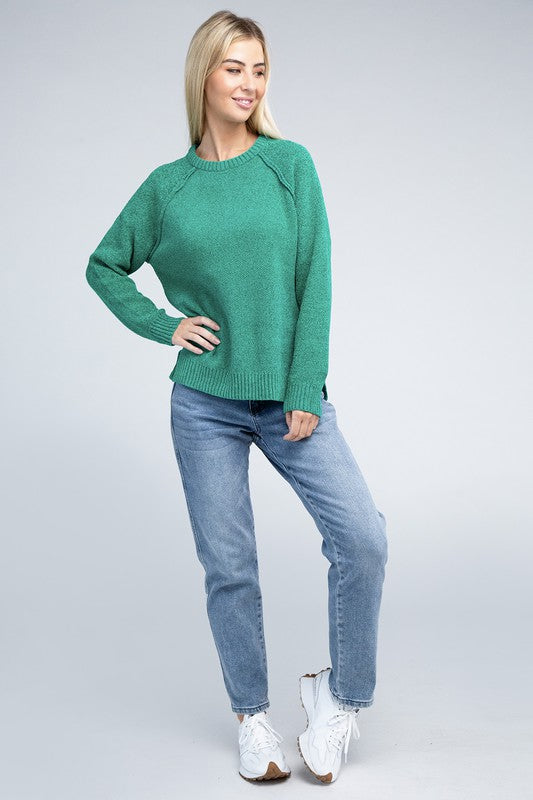 Kelly green round neck chenille sweater with long raglan sleeves, relaxed fit, and hip-length cut.