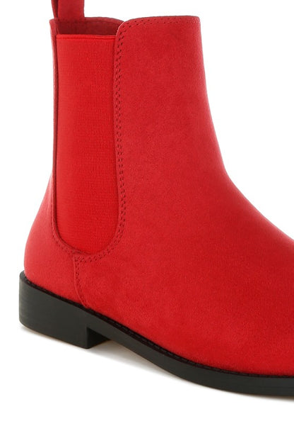 Close up of Ayasa Low Block Heel Chelsea Boots in Red showing soft faux suede and sleek toe