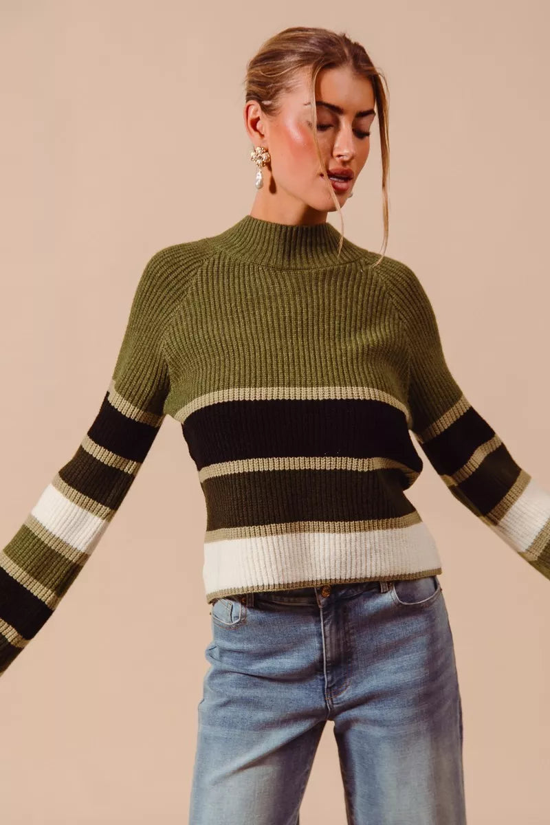 Auden striped sweater front pose in olive multi, chic fall fashion.
