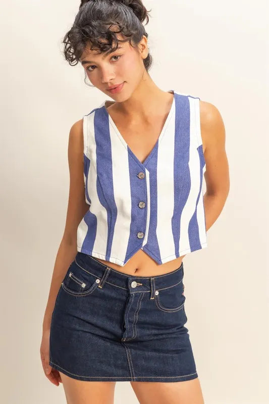Clementine Striped V-Neck Vest in Indigo - Sleeveless Button Down Design, 100% Cotton.