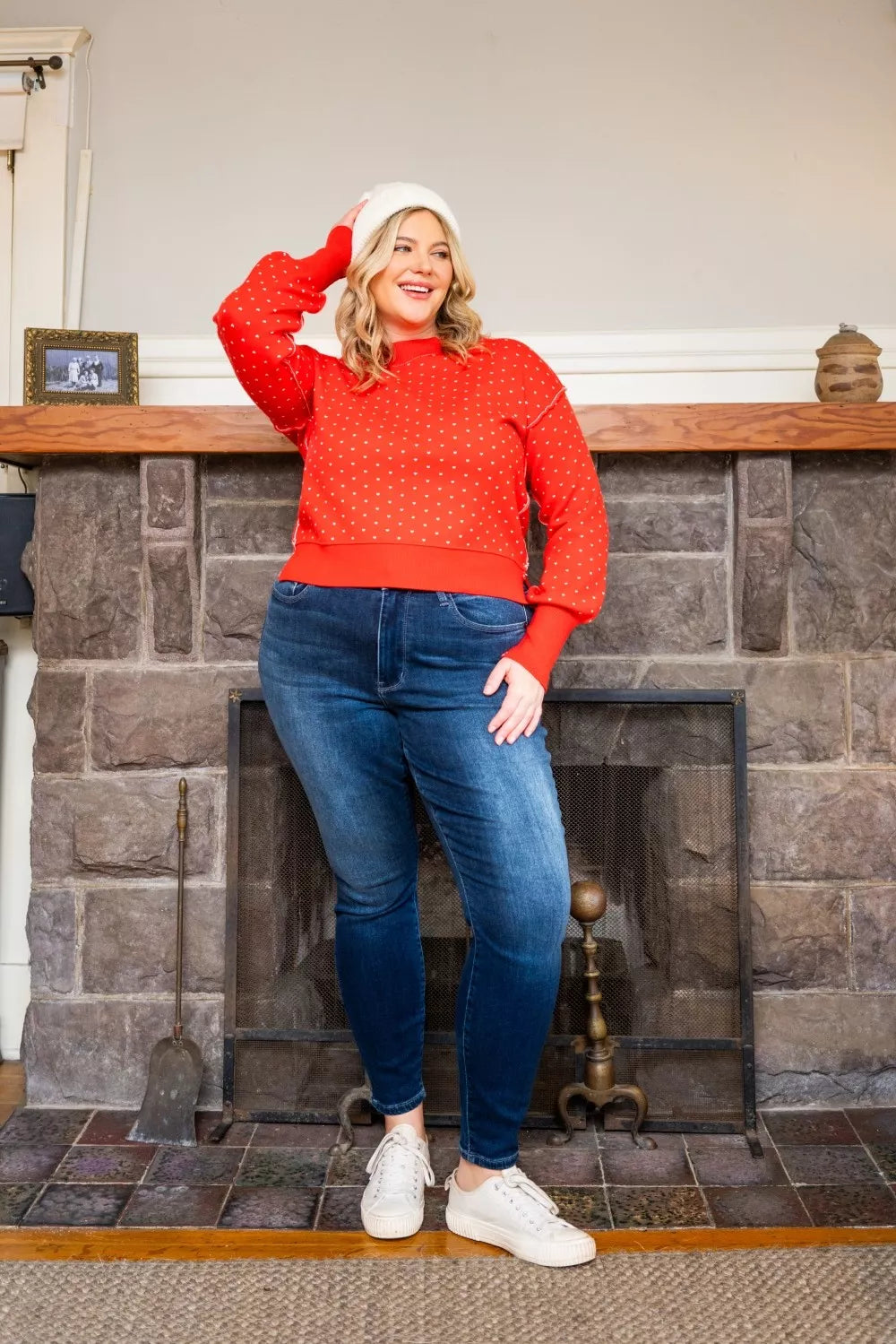 Front view of plus size Glenda Washed Thermal Skinny Jeans showing skinny leg silhouette.