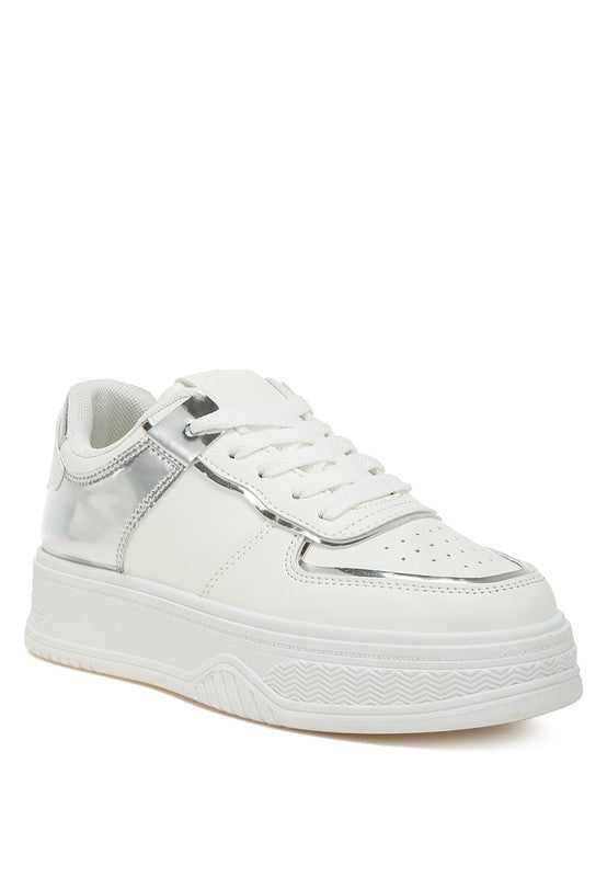 Front angle view of white Scouts Platform Sneakers with metallic accents