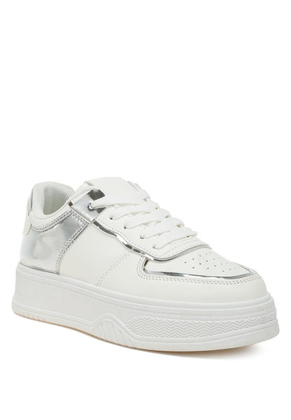 Front angle view of white Scouts Platform Sneakers with metallic accents