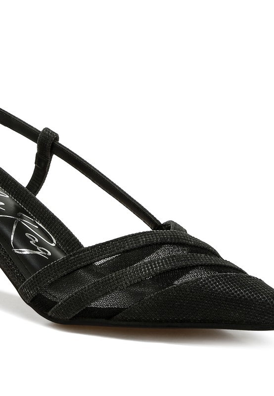 Close-up of Black Daldra Kitten Heel Slingback Sandals showing glitter fabric vamp detail