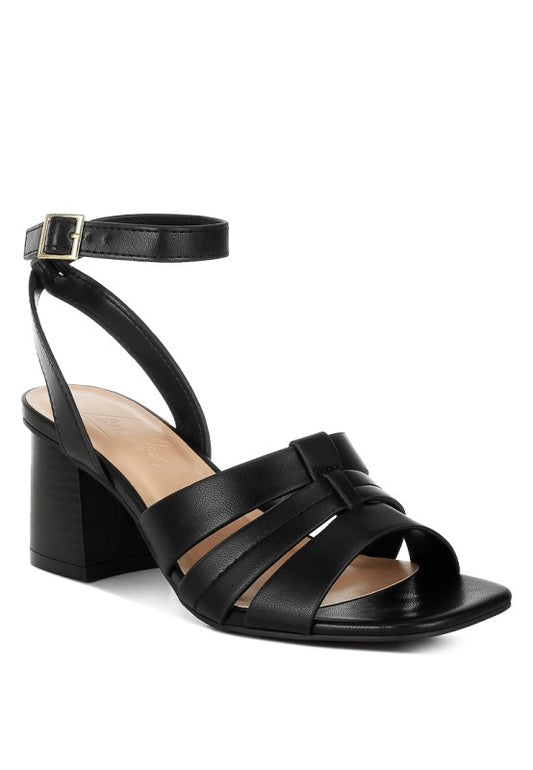 Front angle of black Signora Ankle Strap Sandals with open square toe.