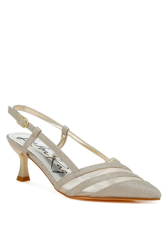 Gold Daldra Kitten Heel Slingback Sandals with glitter pointed toe, front angle view