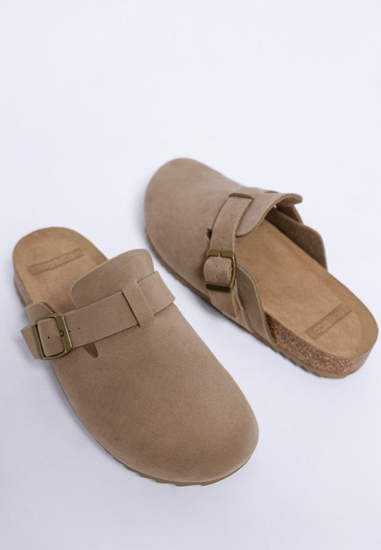 Top view of Taupe Ratiha Buckle Slip-On Mules showing roomy round toe and cushioned footbed design