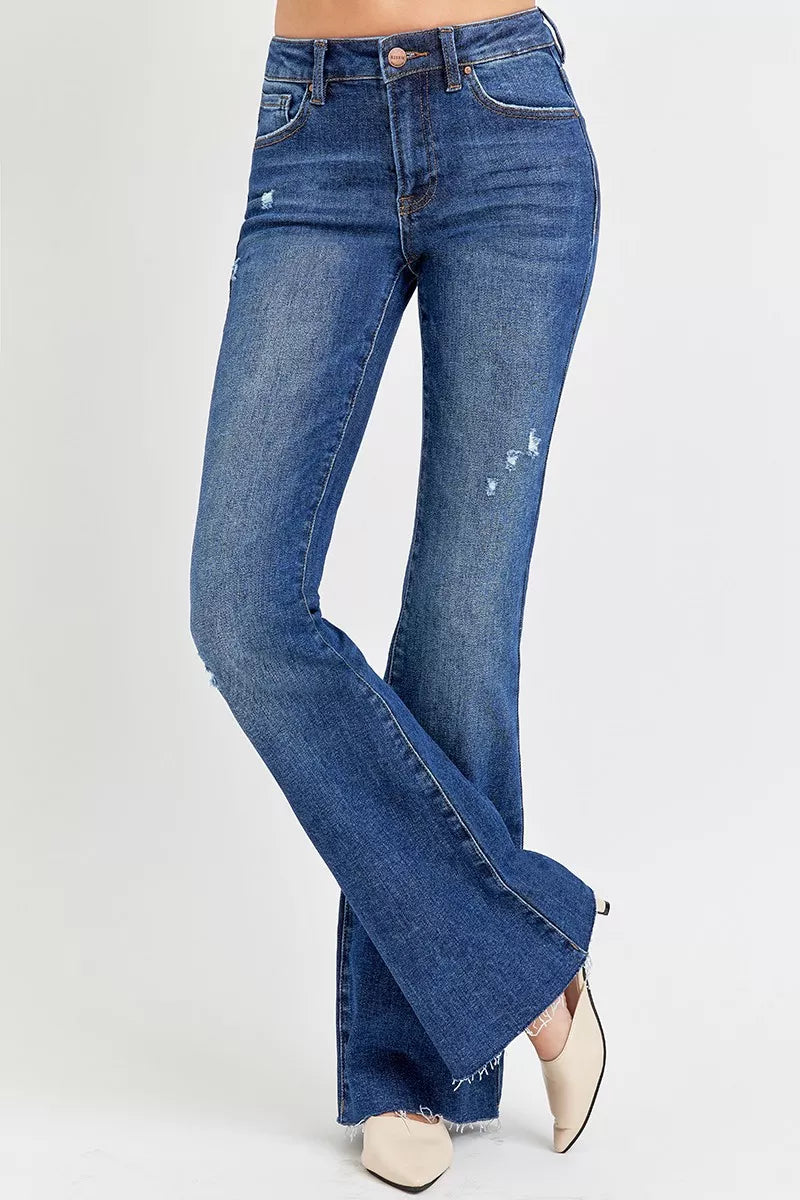 Jax Distressed Mid Rise Jeans with raw hem and dark wash denim