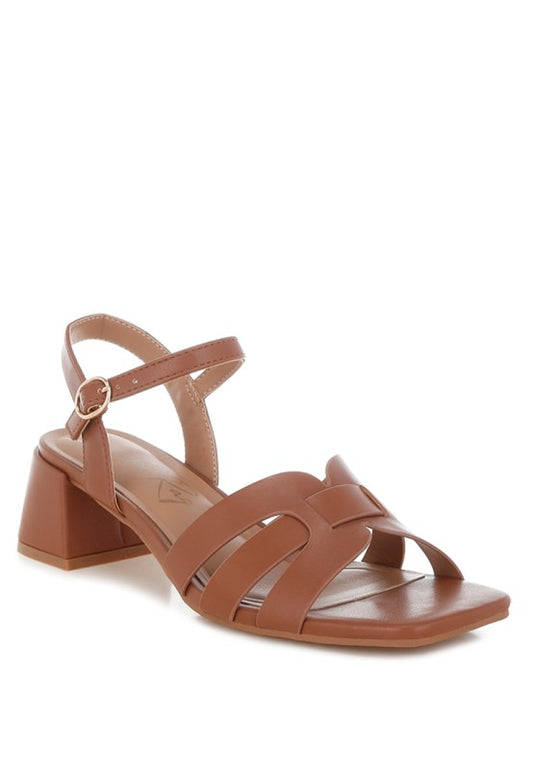 Front angle of tan Eliska Strappy Block Heels with square open toe.