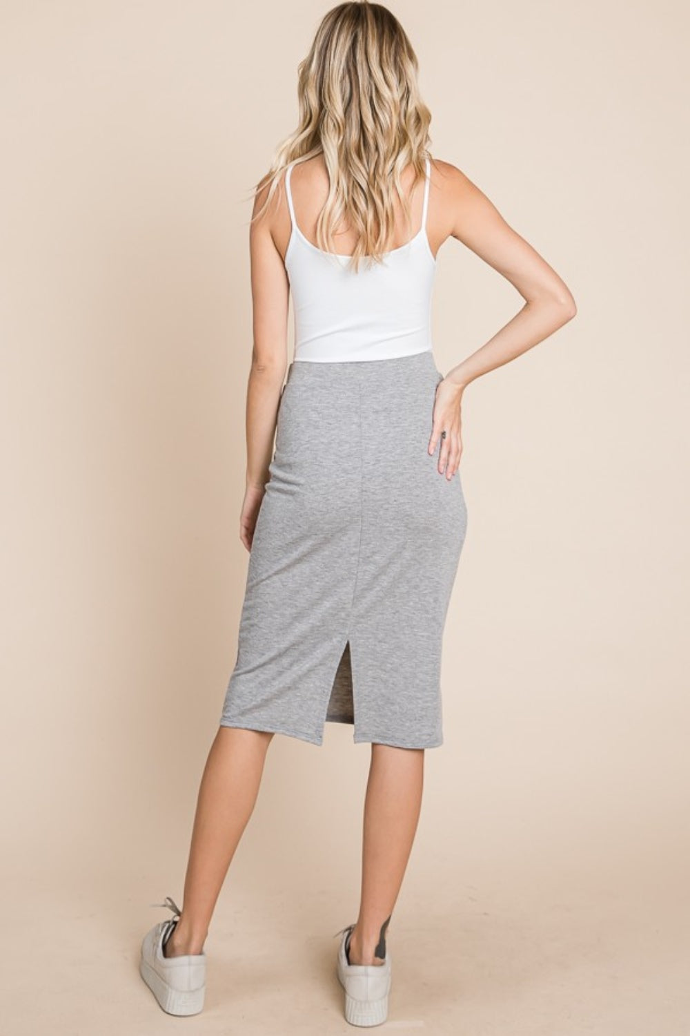 Elastic Waist Pencil Skirt in heather gray, featuring a stretchy fabric, and back slit.