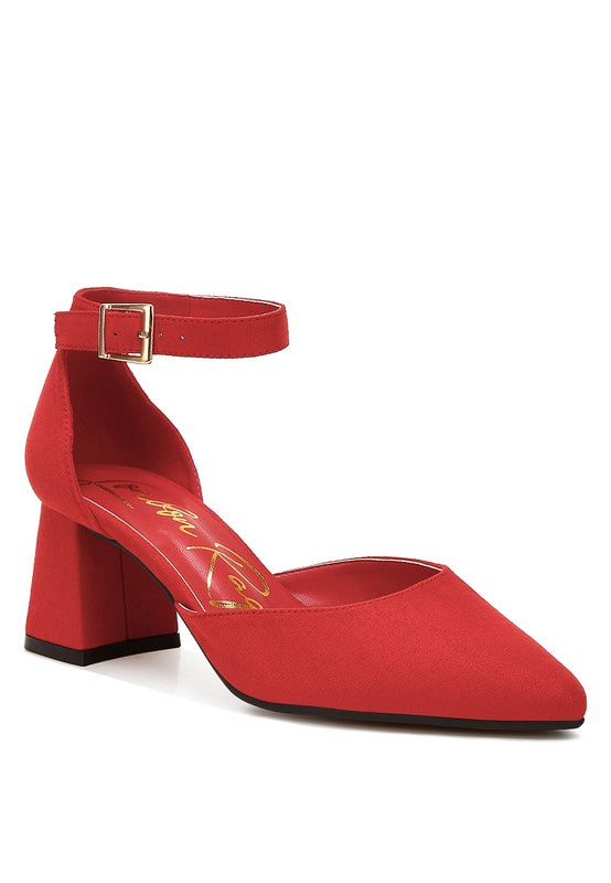 Red Rozita Block Heels with pointed toe, flared block heel, and microfiber strap