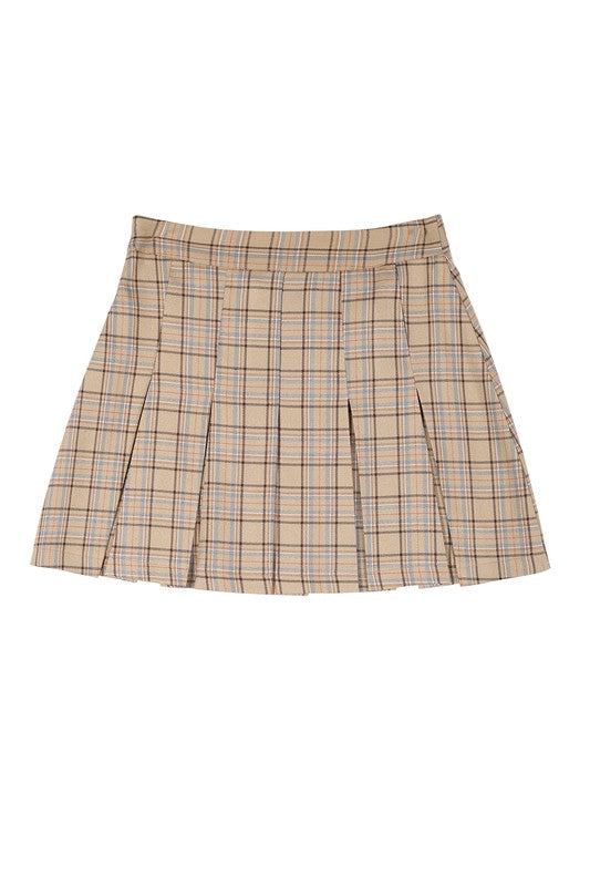 Tailored beige plaid mini skirt with pleats and six pin-tucks on both the front and back. Side zipper with a high waist.