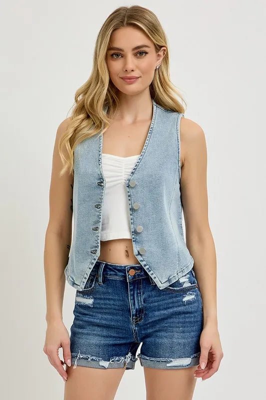 Kaylee V neck button-down vest in denim, sleeveless cotton blend for versatile layering.