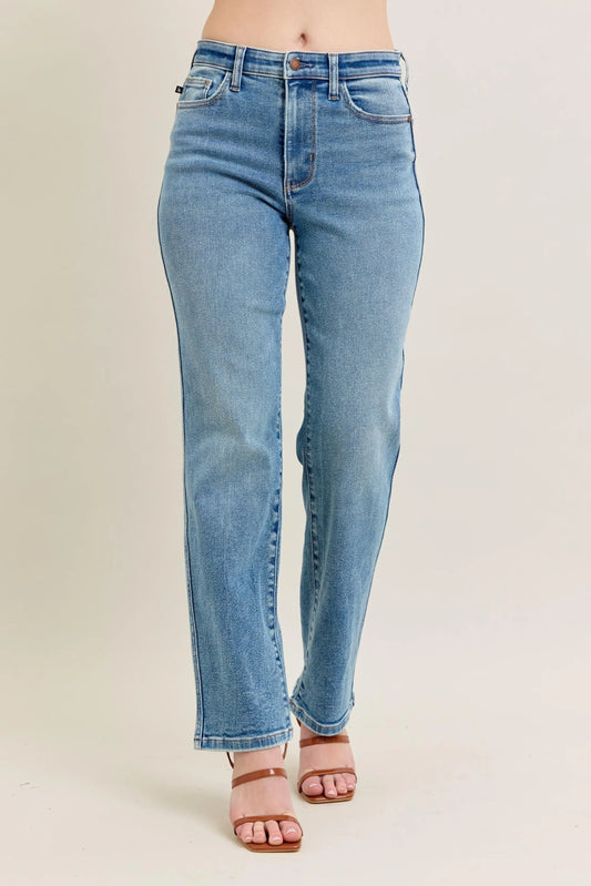 Front view of the Talia High Waist Straight Leg Jeans by Judy Blue, shown in a classic medium wash with a clean front and high-rise waistline.