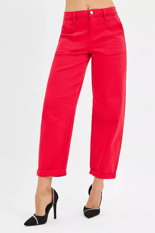 Kimia High Rise Ankle Cuffed Barrel Pants in scarlet with modern barrel silhouette.