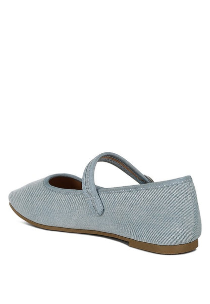 Iker Denim Ballerinas - Pin Buckle, Cushioned Insole, Flat Heel