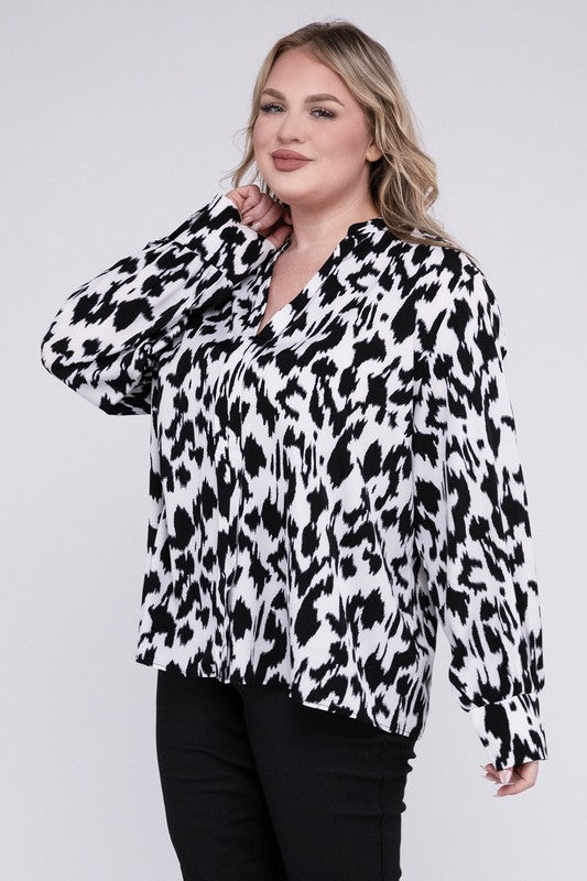 Lyna Curvy Plus Leopard Notched Neckline Blouse