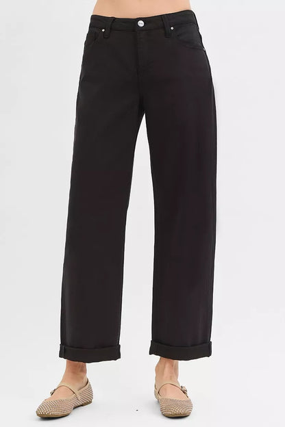 Relaxed Black Trina Wide-Leg Jeans – mid rise, silver button front.