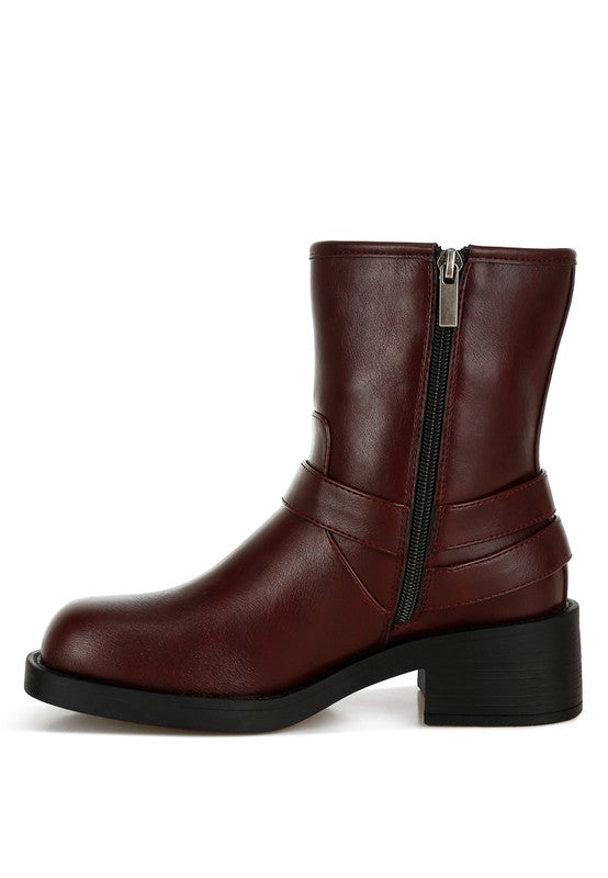 Side view of burgundy Caribou Harness Biker Boots with zipper and gussets.