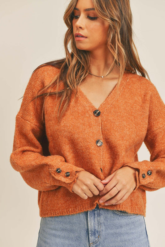 Women's rust colored cardigan with a V-neckline, long sleeves, button-down closure, and a relaxed fit.