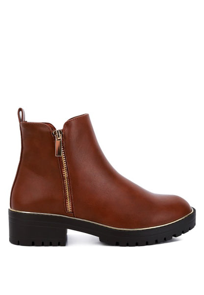 Side view of Tan Thorin Block Heel Boots with zipper closure and lug sole design