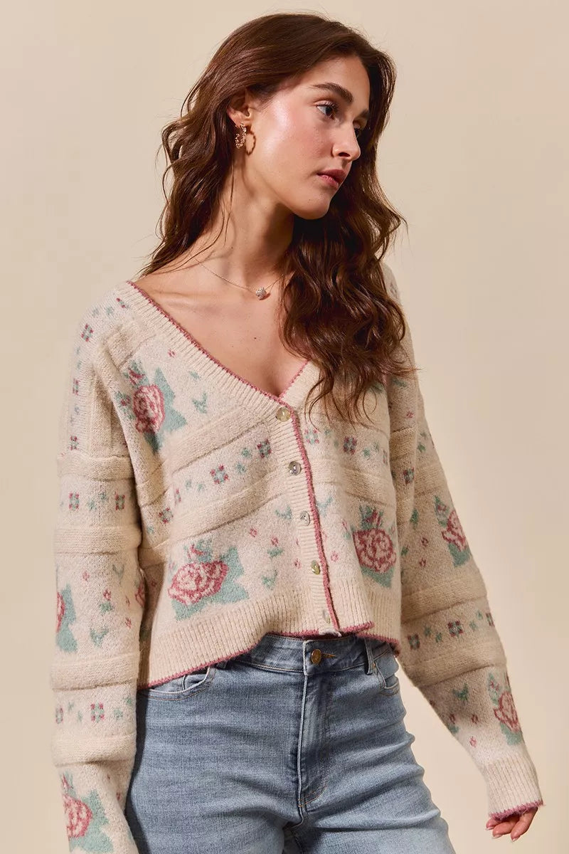 Sonny Floral Pattern Beige Cardigan – Ribbed knit texture and floral accents.