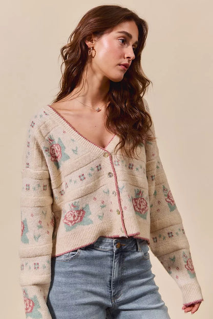 Sonny Floral Pattern Beige Cardigan – Ribbed knit texture and floral accents.