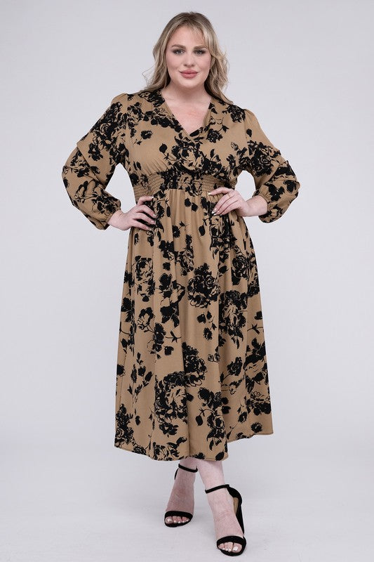 Taupe and black floral print midi dress with a V-neckline, long bishop sleeves, and a smocked high waist for a flattering silhouette.