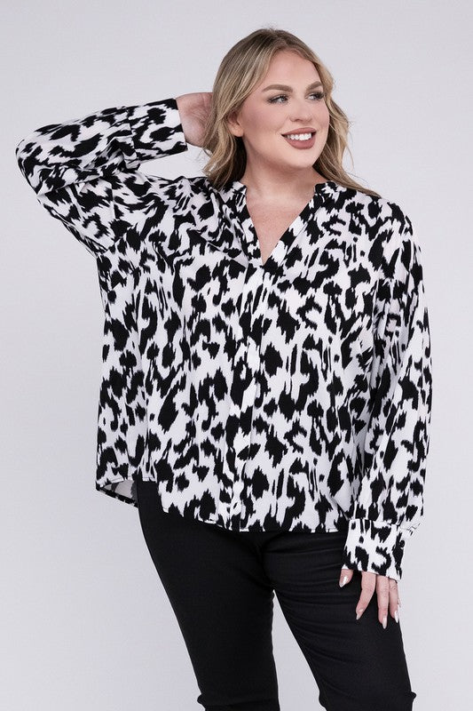 Lyna Curvy Plus Leopard Notched Neckline Blouse