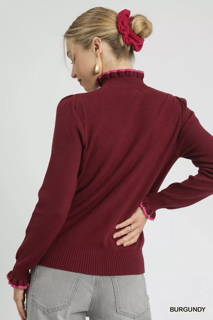 Back view: Burgundy ribbed knit sweater, back detail, long sleeves, feminine fit.