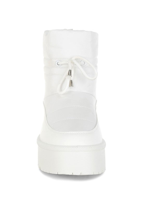 Back view of white Pacos High Ankle Chunky Snow Boots with block heel.